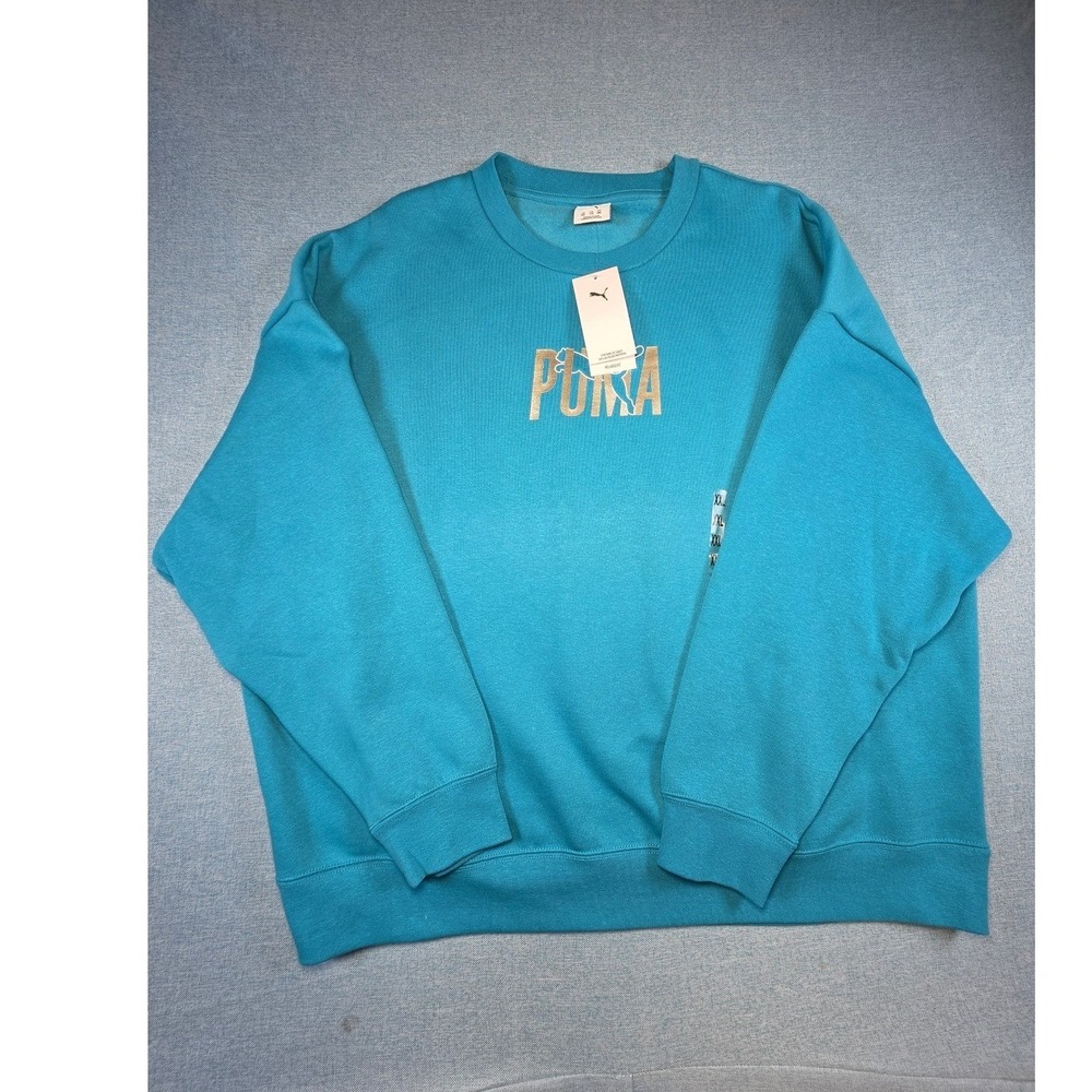Puma Women ESS Shine Crew Sweatshirt Tropical Blue Metallic Logo XXL, NWT